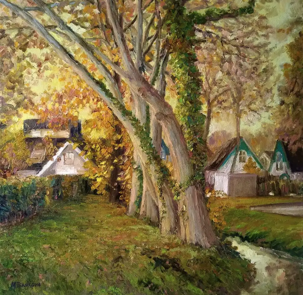 Autumn Alley with Mossy Trees — a painting of a winding forest path covered in golden autumn leaves