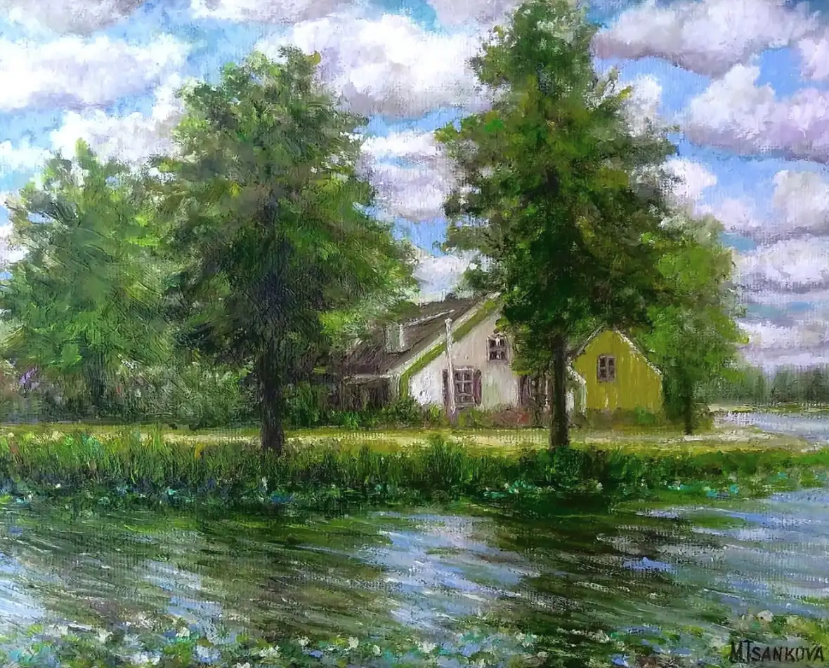 Cottage by the Riverbank — a peaceful scene of country houses beside a calm river with lush green trees
