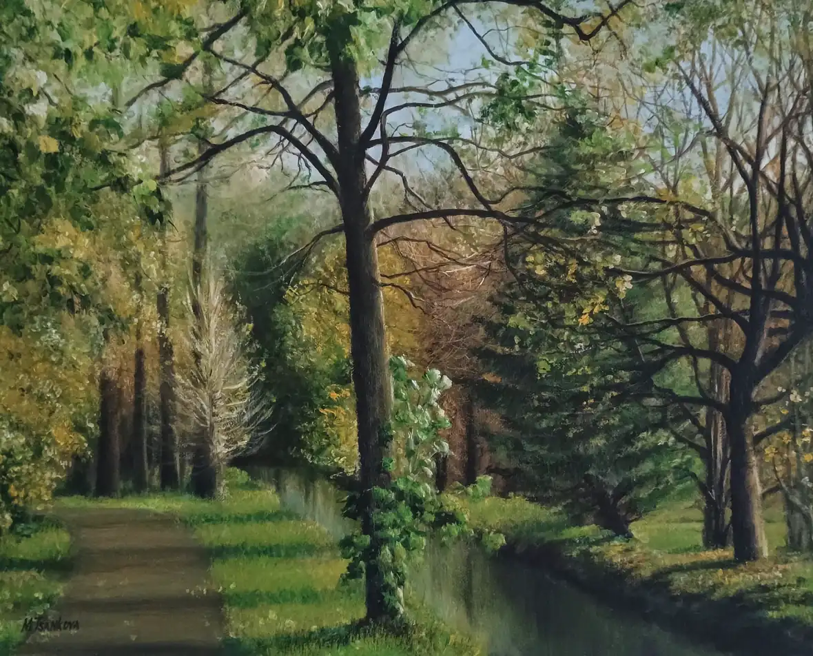 Path Along the Forest River — a tree-lined path following the course of a gentle river through the woods