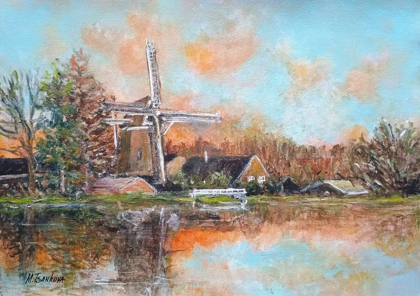 Windmill at Sunset with Water Reflection — a romantic landscape painting of a Dutch windmill at golden hour