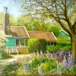Handmade painting of a small Dutch house in nature